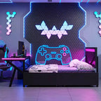 Lit de jeu double/complet avec bureau et tête de lit LED, lit de jeu en métal avec tiroirs de rangement pour enfants et adultes, noir