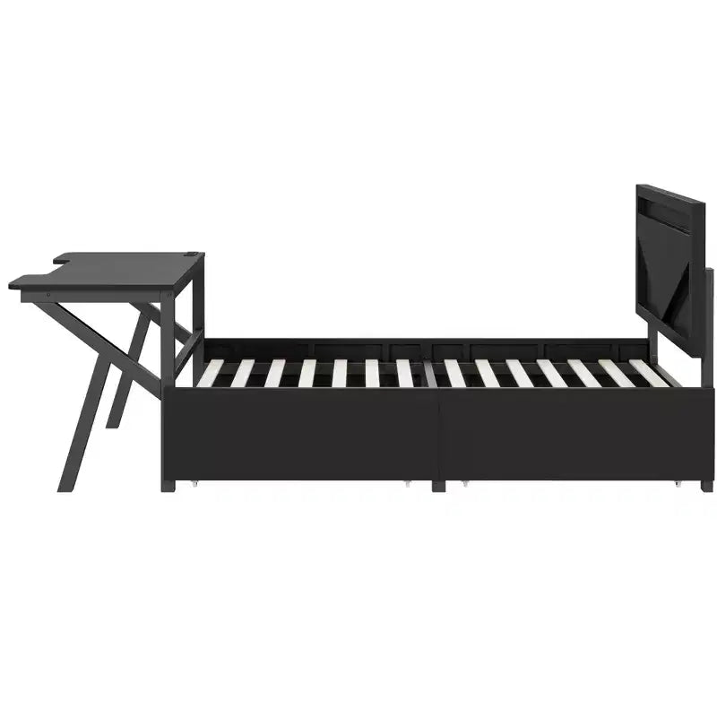 Lit de jeu double/complet avec bureau et tête de lit LED, lit de jeu en métal avec tiroirs de rangement pour enfants et adultes, noir