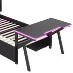 Lit de jeu double/complet avec bureau et tête de lit LED, lit de jeu en métal avec tiroirs de rangement pour enfants et adultes, noir