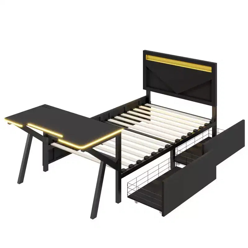 Lit de jeu double/complet avec bureau et tête de lit LED, lit de jeu en métal avec tiroirs de rangement pour enfants et adultes, noir