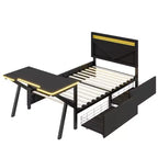 Lit de jeu double/complet avec bureau et tête de lit LED, lit de jeu en métal avec tiroirs de rangement pour enfants et adultes, noir