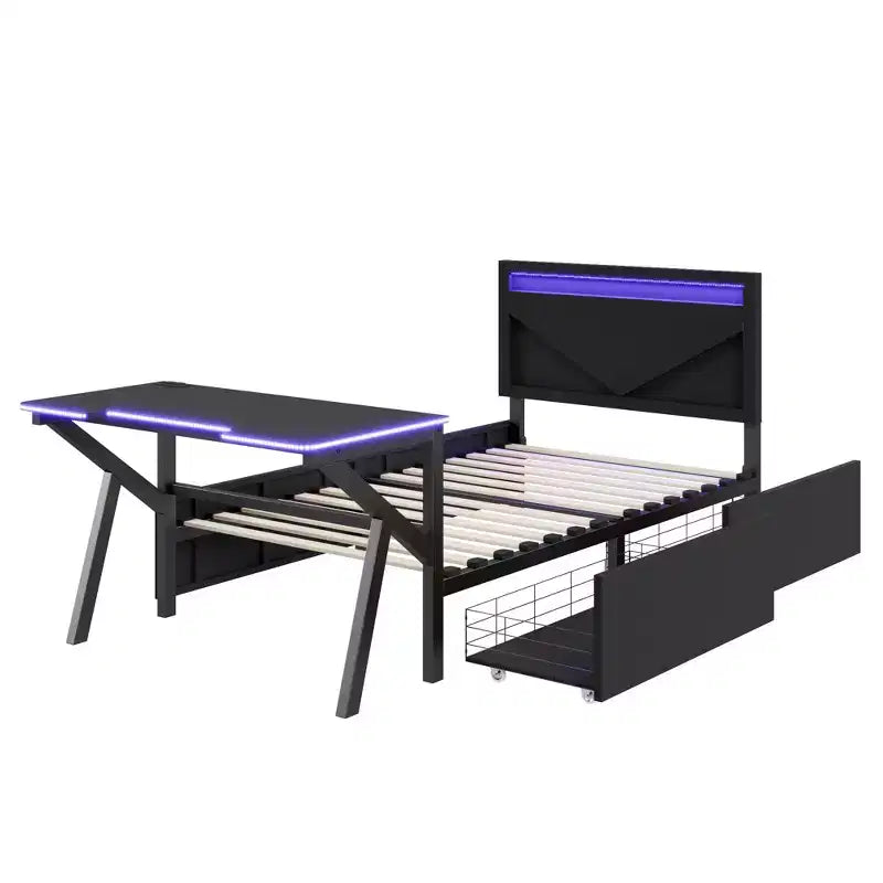 Lit de jeu double/complet avec bureau et tête de lit LED, lit de jeu en métal avec tiroirs de rangement pour enfants et adultes, noir