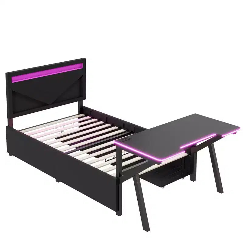 Lit de jeu double/complet avec bureau et tête de lit LED, lit de jeu en métal avec tiroirs de rangement pour enfants et adultes, noir