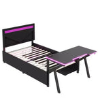 Lit de jeu double/complet avec bureau et tête de lit LED, lit de jeu en métal avec tiroirs de rangement pour enfants et adultes, noir