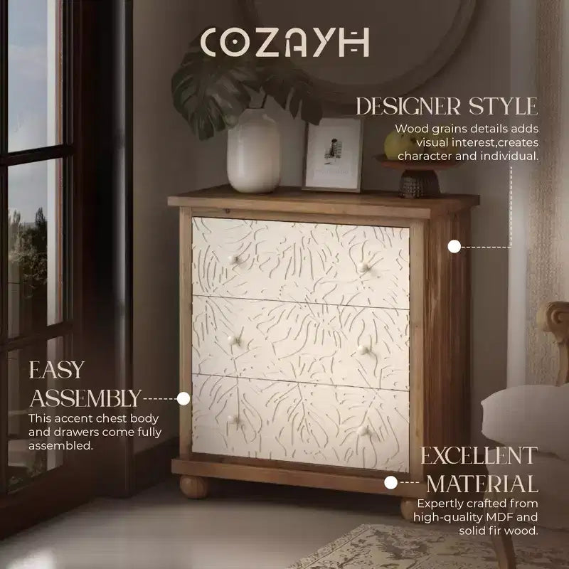 COZAYH Commode de ferme rustique avec motif de feuilles sculptées et 3 tiroirs, lot de 2