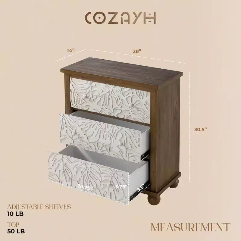 COZAYH Commode de ferme rustique avec motif de feuilles sculptées et 3 tiroirs, lot de 2