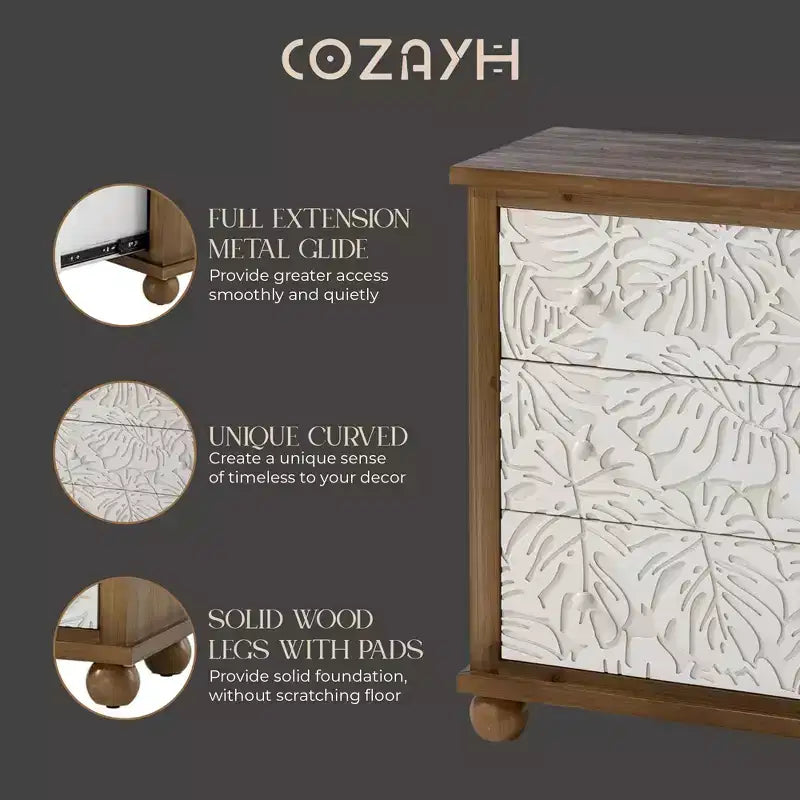 COZAYH Commode de ferme rustique avec motif de feuilles sculptées et 3 tiroirs, lot de 2