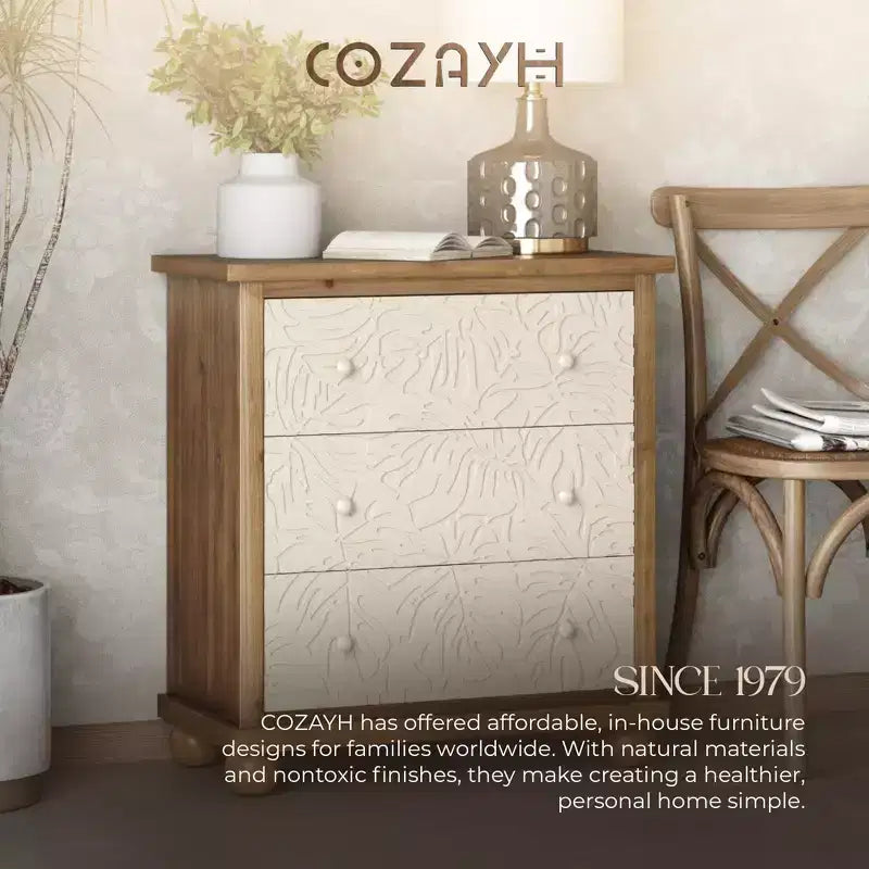 COZAYH Commode de ferme rustique avec motif de feuilles sculptées et 3 tiroirs, lot de 2