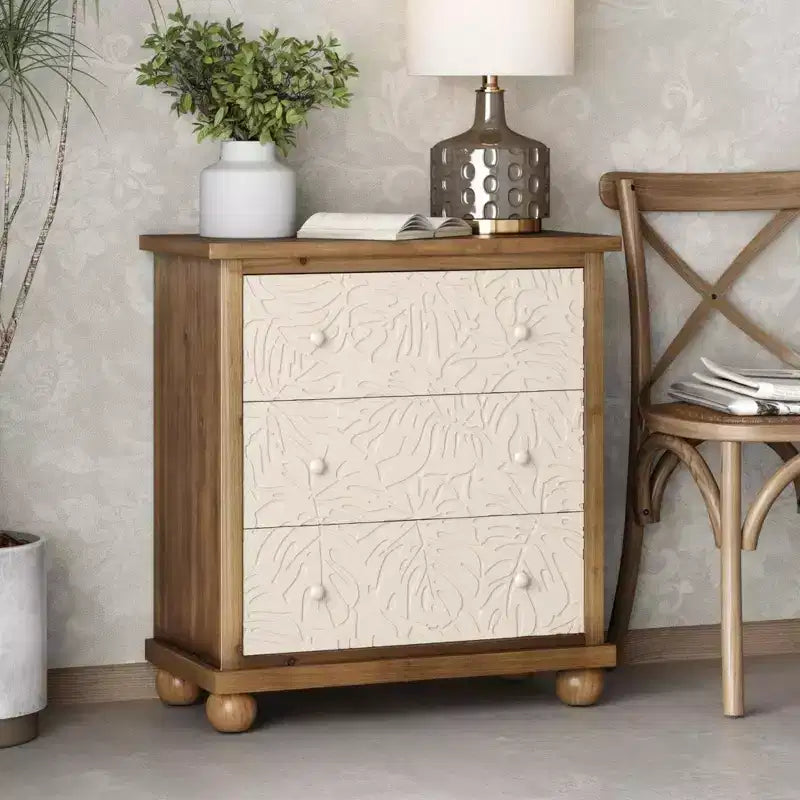 COZAYH Commode de ferme rustique avec motif de feuilles sculptées et 3 tiroirs, lot de 2