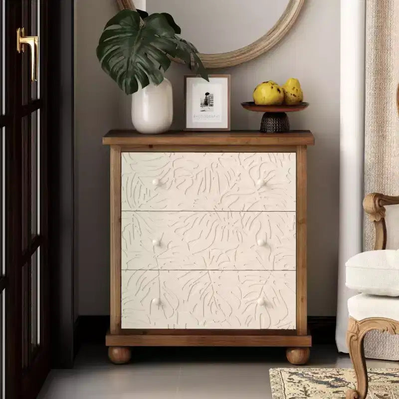 COZAYH Commode de ferme rustique avec motif de feuilles sculptées et 3 tiroirs, lot de 2