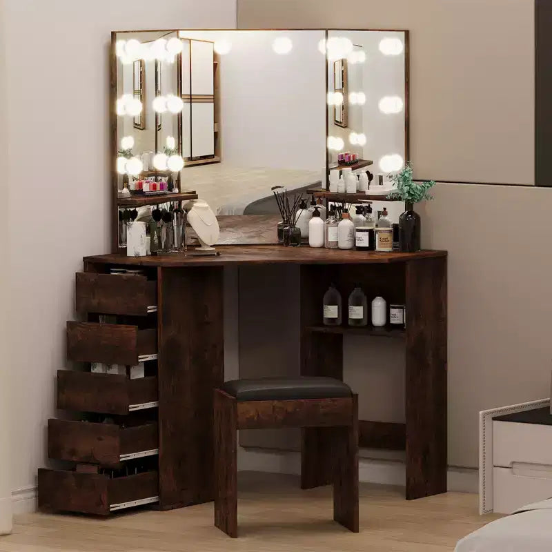 Meuble-lavabo d'angle avec miroir et éclairage, offrant 3 couleurs de lumière réglables, 5 tiroirs et des étagères de rangement, accompagné d'une coiffeuse à éclairage LED.