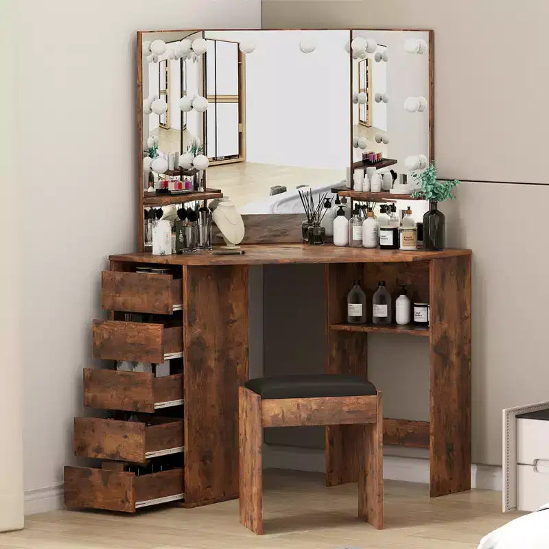 Meuble-lavabo d'angle avec miroir et éclairage, offrant 3 couleurs de lumière réglables, 5 tiroirs et des étagères de rangement, accompagné d'une coiffeuse à éclairage LED.