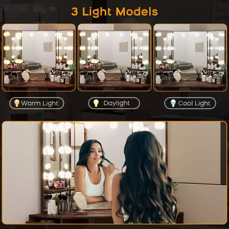 Meuble-lavabo d'angle avec miroir et éclairage, offrant 3 couleurs de lumière réglables, 5 tiroirs et des étagères de rangement, accompagné d'une coiffeuse à éclairage LED.