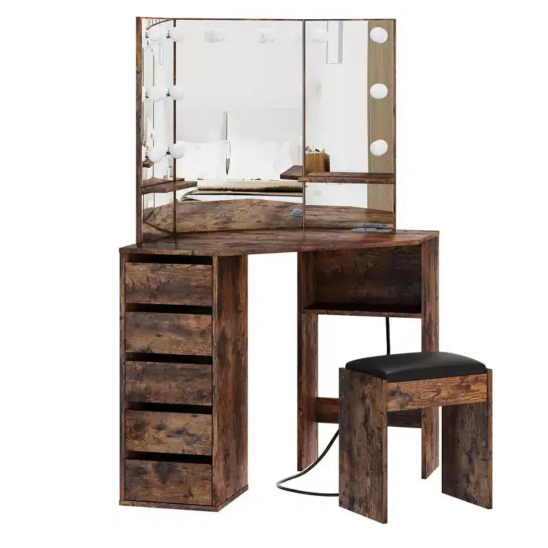Meuble-lavabo d'angle avec miroir et éclairage, offrant 3 couleurs de lumière réglables, 5 tiroirs et des étagères de rangement, accompagné d'une coiffeuse à éclairage LED.