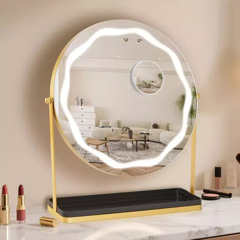 Miroir de courtoisie rond avec boîte de rangement amovible, trois couleurs à intensité variable, rotatif à 360°, convient pour la table de bureau, la chambre à coucher, montage facile, doré