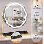 Miroir de courtoisie rond avec boîte de rangement amovible, trois couleurs à intensité variable, rotatif à 360°, convient pour la table de bureau, la chambre à coucher, montage facile, doré