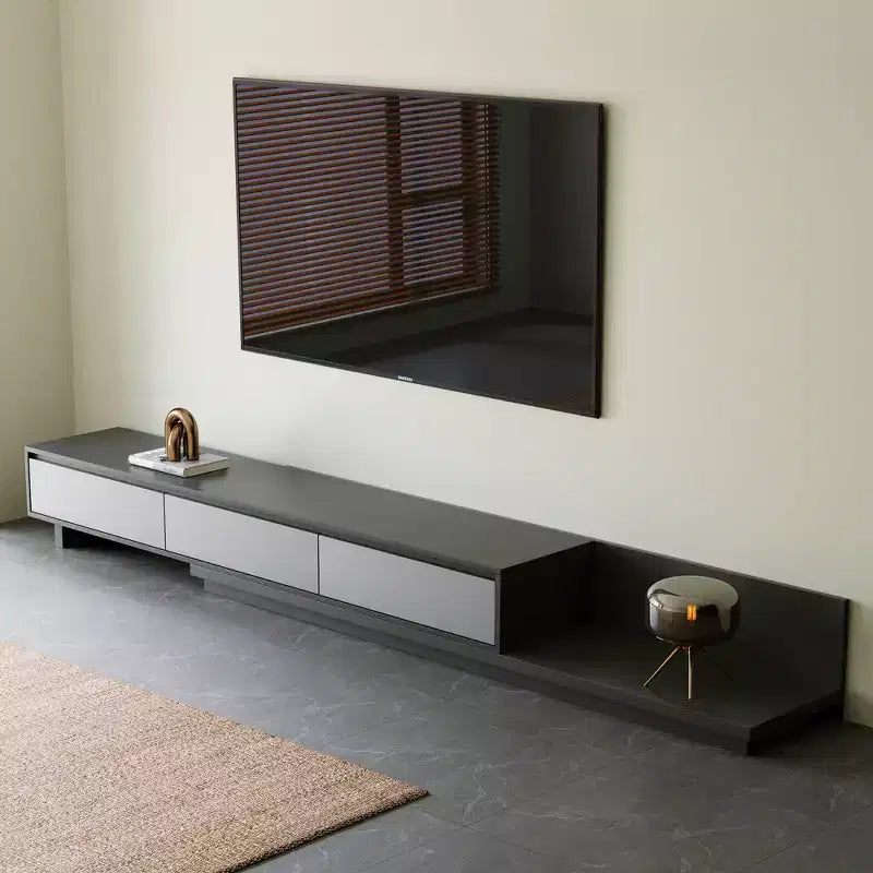 Meuble TV contemporain extensible Luck Live 78,7, d'une largeur maximale de 141,7, avec 3 tiroirs de rangement