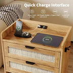 Tables de chevet lot de 2, table de chevet, 2 tiroirs de rangement en rotin, table de chevet avec station de charge USB-C, table d'appoint, tables de chevet
