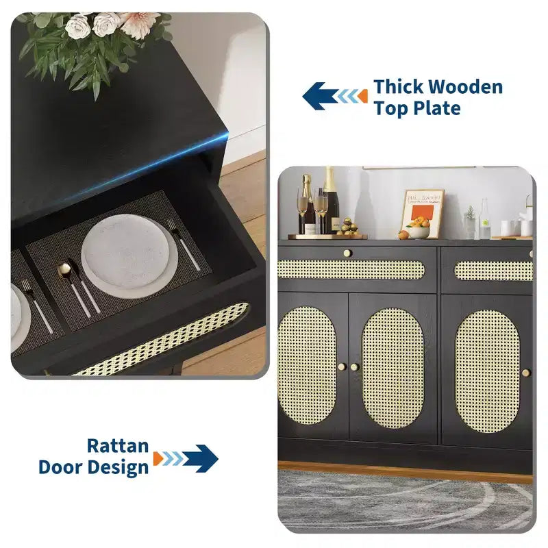 Meuble buffet en rotin de 152 cm avec 2 tiroirs et 4 portes en rotin, étagères réglables et rangement, pour salle à manger, salon, entrée