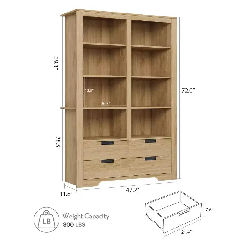 Bibliothèque de ferme de 183 cm de haut avec 4 tiroirs, étagère de rangement double large à 6 niveaux, grande étagère ouverte autoportante pour livres et décoration