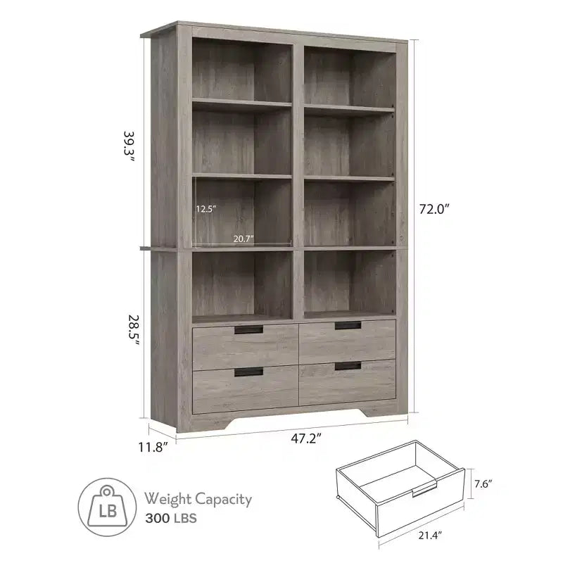 Bibliothèque de ferme de 183 cm de haut avec 4 tiroirs, étagère de rangement double large à 6 niveaux, grande étagère ouverte autoportante pour livres et décoration