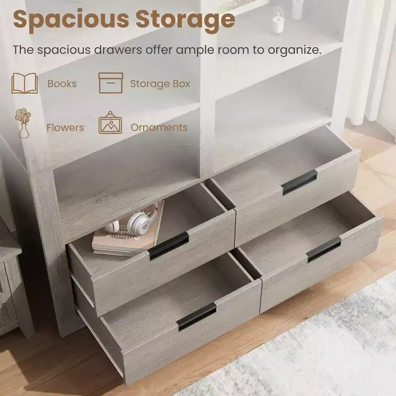 Bibliothèque de ferme de 183 cm de haut avec 4 tiroirs, étagère de rangement double large à 6 niveaux, grande étagère ouverte autoportante pour livres et décoration