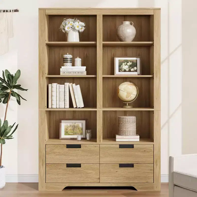 Bibliothèque de ferme de 183 cm de haut avec 4 tiroirs, étagère de rangement double large à 6 niveaux, grande étagère ouverte autoportante pour livres et décoration