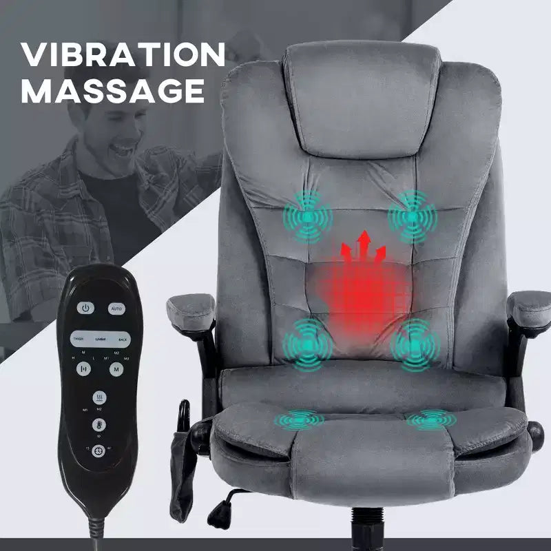 Fauteuil de bureau de direction 6 points chauffant, fauteuil de bureau de massage vibrant à dossier haut en velours