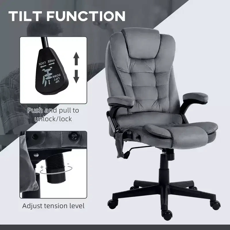 Fauteuil de bureau de direction 6 points chauffant, fauteuil de bureau de massage vibrant à dossier haut en velours