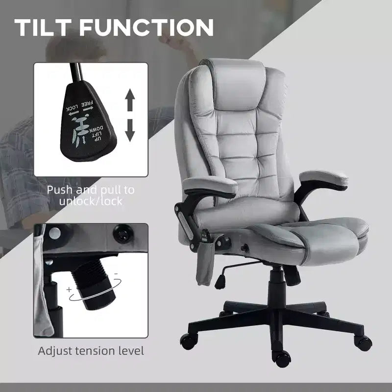 Fauteuil de bureau de direction 6 points chauffant, fauteuil de bureau de massage vibrant à dossier haut en velours