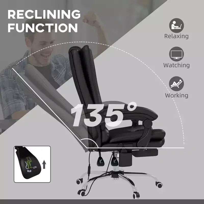 Fauteuil de bureau de direction en similicuir avec 4 vibrations, chaise de bureau d'ordinateur, fauteuil inclinable chauffant avec hauteur réglable, roulettes pivotantes