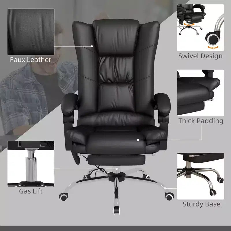 Fauteuil de bureau de direction en similicuir avec 4 vibrations, chaise de bureau d'ordinateur, fauteuil inclinable chauffant avec hauteur réglable, roulettes pivotantes