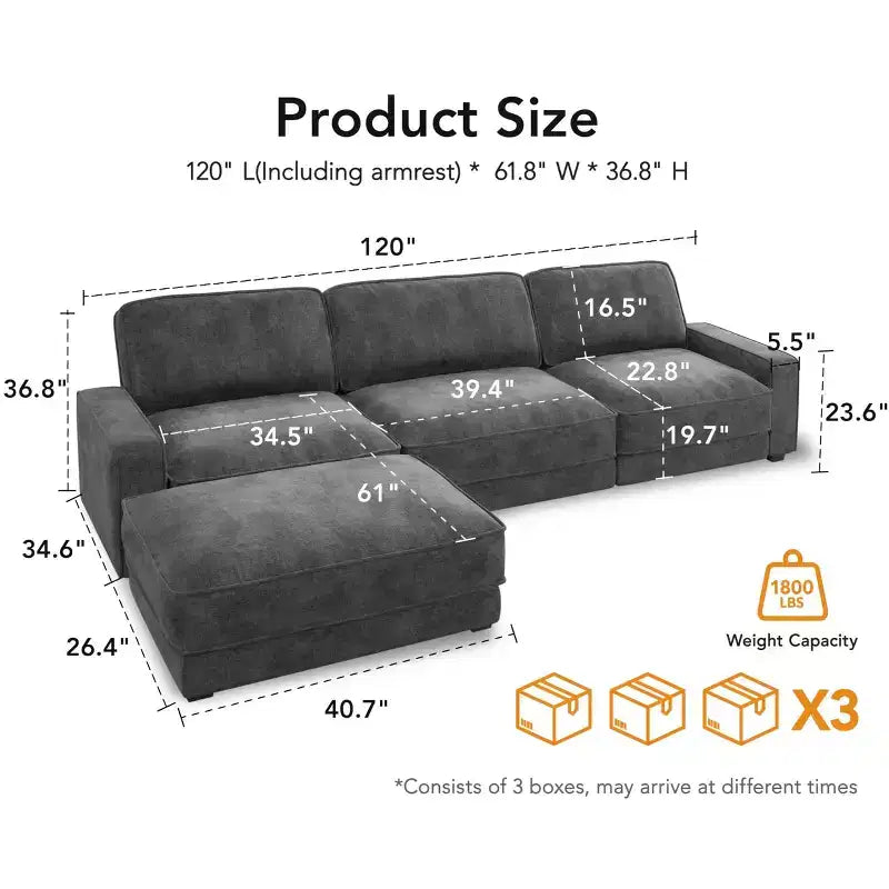 Dyonery 120 - Canapé modulaire sectionnel surdimensionné, canapé nuage en forme de L, ensemble confortable 4 places avec oreillers et pouf mobile, en chenille