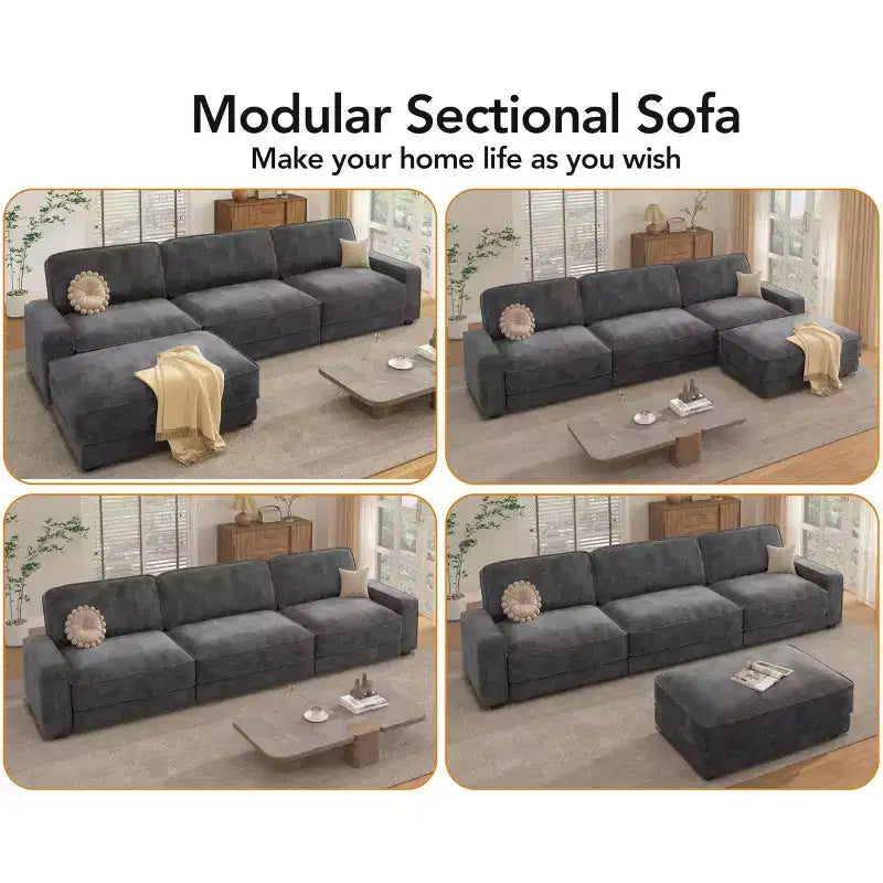 Dyonery 120 - Canapé modulaire sectionnel surdimensionné, canapé nuage en forme de L, ensemble confortable 4 places avec oreillers et pouf mobile, en chenille