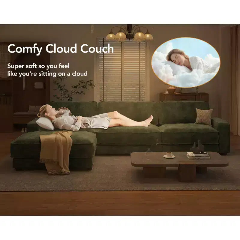 Dyonery 120 - Canapé modulaire sectionnel surdimensionné, canapé nuage en forme de L, ensemble confortable 4 places avec oreillers et pouf mobile, en chenille