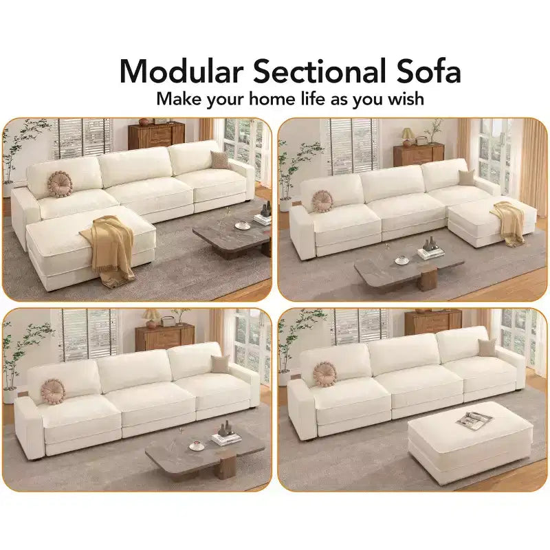 Dyonery 120 - Canapé modulaire sectionnel surdimensionné, canapé nuage en forme de L, ensemble confortable 4 places avec oreillers et pouf mobile, en chenille