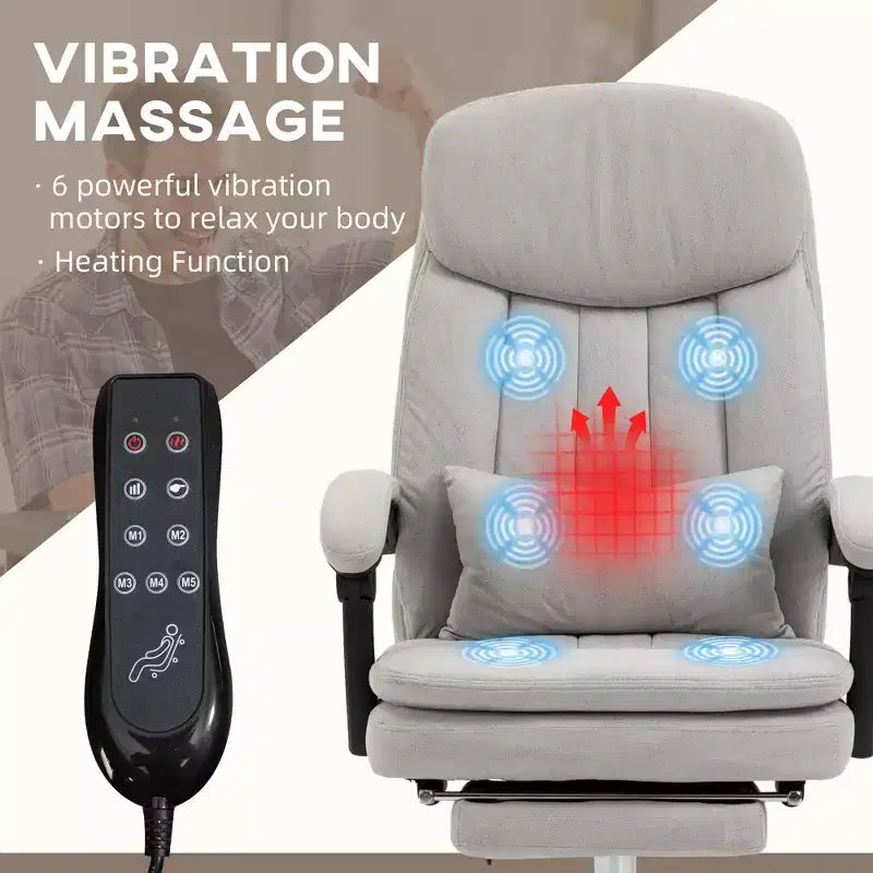 Fauteuil de bureau de direction avec massage vibrant, chaise de bureau pivotante en microfibre, fauteuil d'ordinateur inclinable chauffant avec coussin de soutien lombaire, repose-pieds