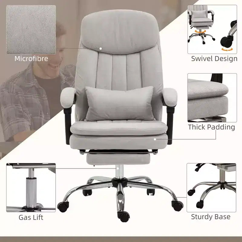 Fauteuil de bureau de direction avec massage vibrant, chaise de bureau pivotante en microfibre, fauteuil d'ordinateur inclinable chauffant avec coussin de soutien lombaire, repose-pieds