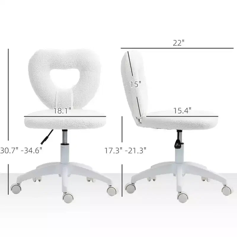 Chaise de bureau d'ordinateur sans accoudoirs, chaise de bureau, chaise de vanité en polaire Teddy en forme de cœur avec roulettes pivotantes