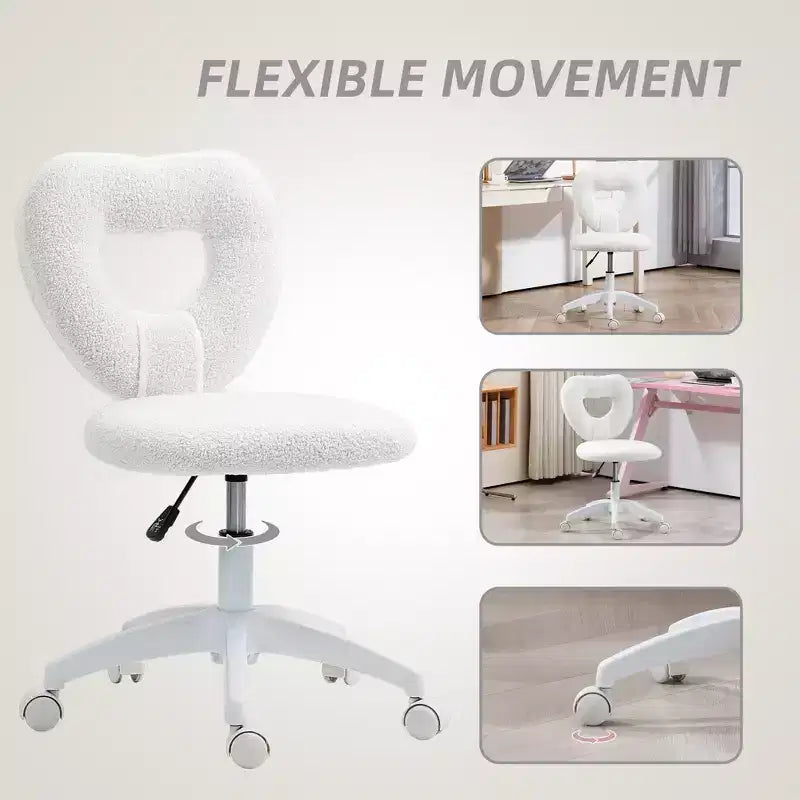 Chaise de bureau d'ordinateur sans accoudoirs, chaise de bureau, chaise de vanité en polaire Teddy en forme de cœur avec roulettes pivotantes