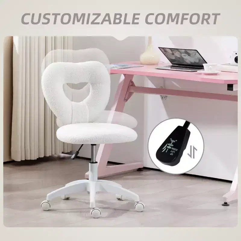 Chaise de bureau d'ordinateur sans accoudoirs, chaise de bureau, chaise de vanité en polaire Teddy en forme de cœur avec roulettes pivotantes