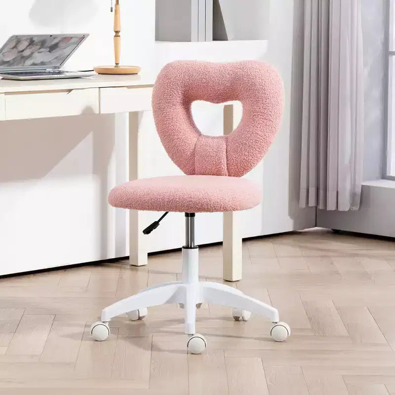 Chaise de bureau d'ordinateur sans accoudoirs, chaise de bureau, chaise de vanité en polaire Teddy en forme de cœur avec roulettes pivotantes