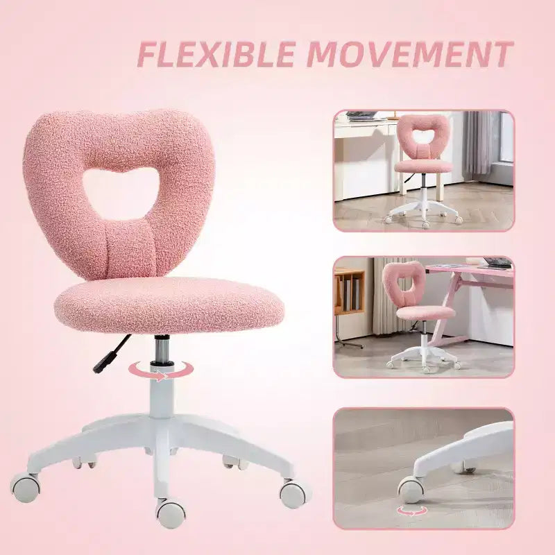 Chaise de bureau d'ordinateur sans accoudoirs, chaise de bureau, chaise de vanité en polaire Teddy en forme de cœur avec roulettes pivotantes