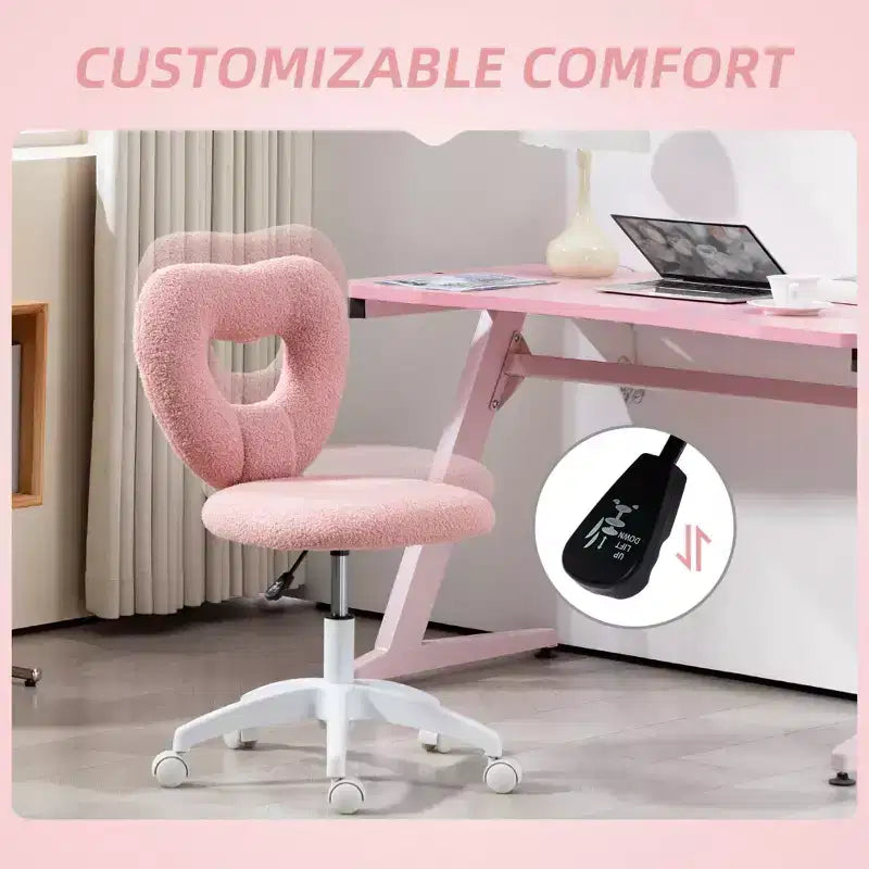 Chaise de bureau d'ordinateur sans accoudoirs, chaise de bureau, chaise de vanité en polaire Teddy en forme de cœur avec roulettes pivotantes