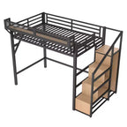 Lit mezzanine Bellemave avec escalier de rangement, armoire et étagères intégrées, cadre métallique, ports USB, lumières LED, design anti-bruit, bois naturel