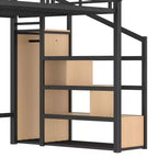 Lit mezzanine Bellemave avec escalier de rangement, armoire et étagères intégrées, cadre métallique, ports USB, lumières LED, design anti-bruit, bois naturel