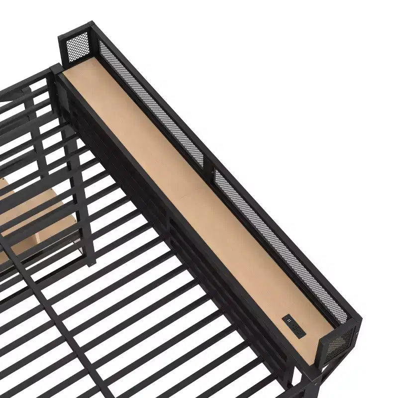 Lit mezzanine Bellemave avec escalier de rangement, armoire et étagères intégrées, cadre métallique, ports USB, lumières LED, design anti-bruit, bois naturel