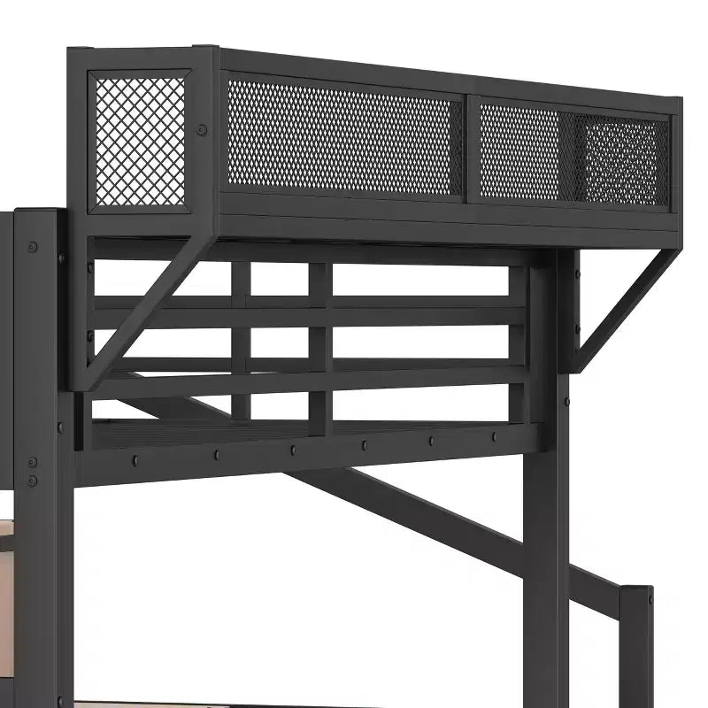Lit mezzanine Bellemave avec escalier de rangement, armoire et étagères intégrées, cadre métallique, ports USB, lumières LED, design anti-bruit, bois naturel