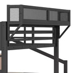 Lit mezzanine Bellemave avec escalier de rangement, armoire et étagères intégrées, cadre métallique, ports USB, lumières LED, design anti-bruit, bois naturel
