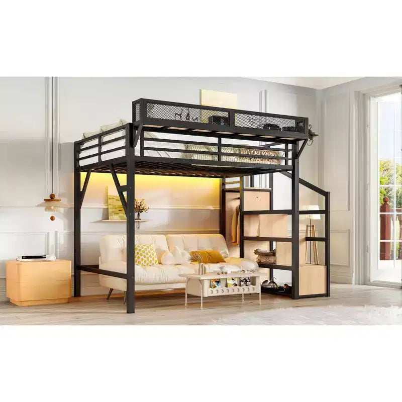 Lit mezzanine Bellemave avec escalier de rangement, armoire et étagères intégrées, cadre métallique, ports USB, lumières LED, design anti-bruit, bois naturel